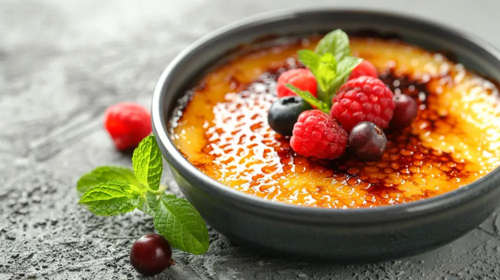 Classic Crème Brûlée in a dark ramekin, topped with caramelized sugar, fresh berries, and mint leaves, on a textured gray surface