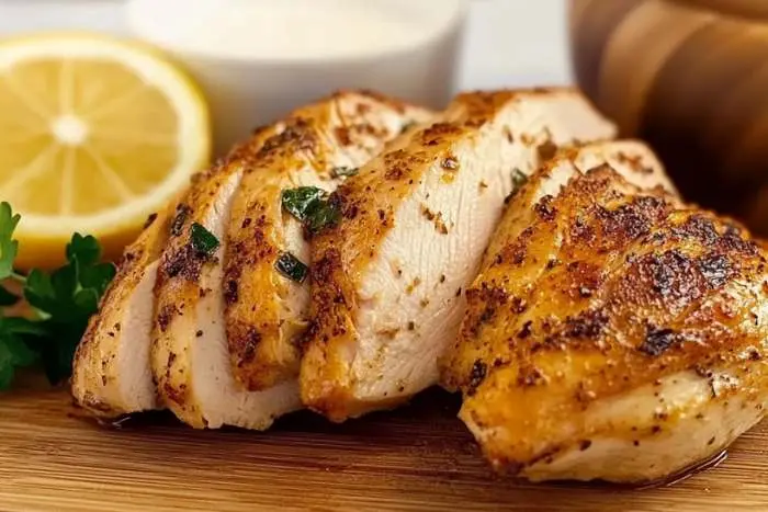 Sliced, perfectly cooked chicken breast seasoned with lemon and herbs, served with fresh parsley and a creamy dipping sauce.
